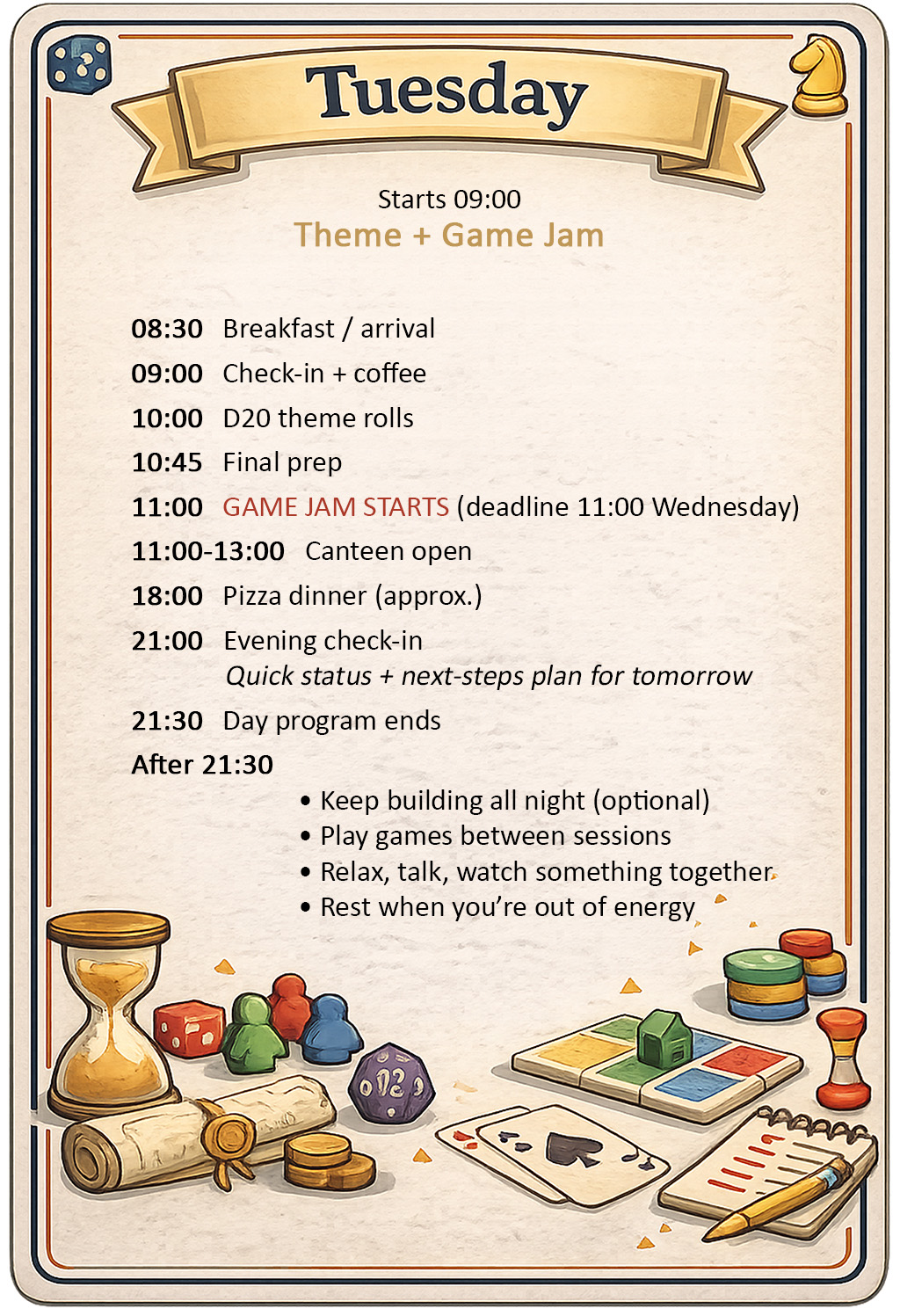 Board Game Jam Tuesday timetable